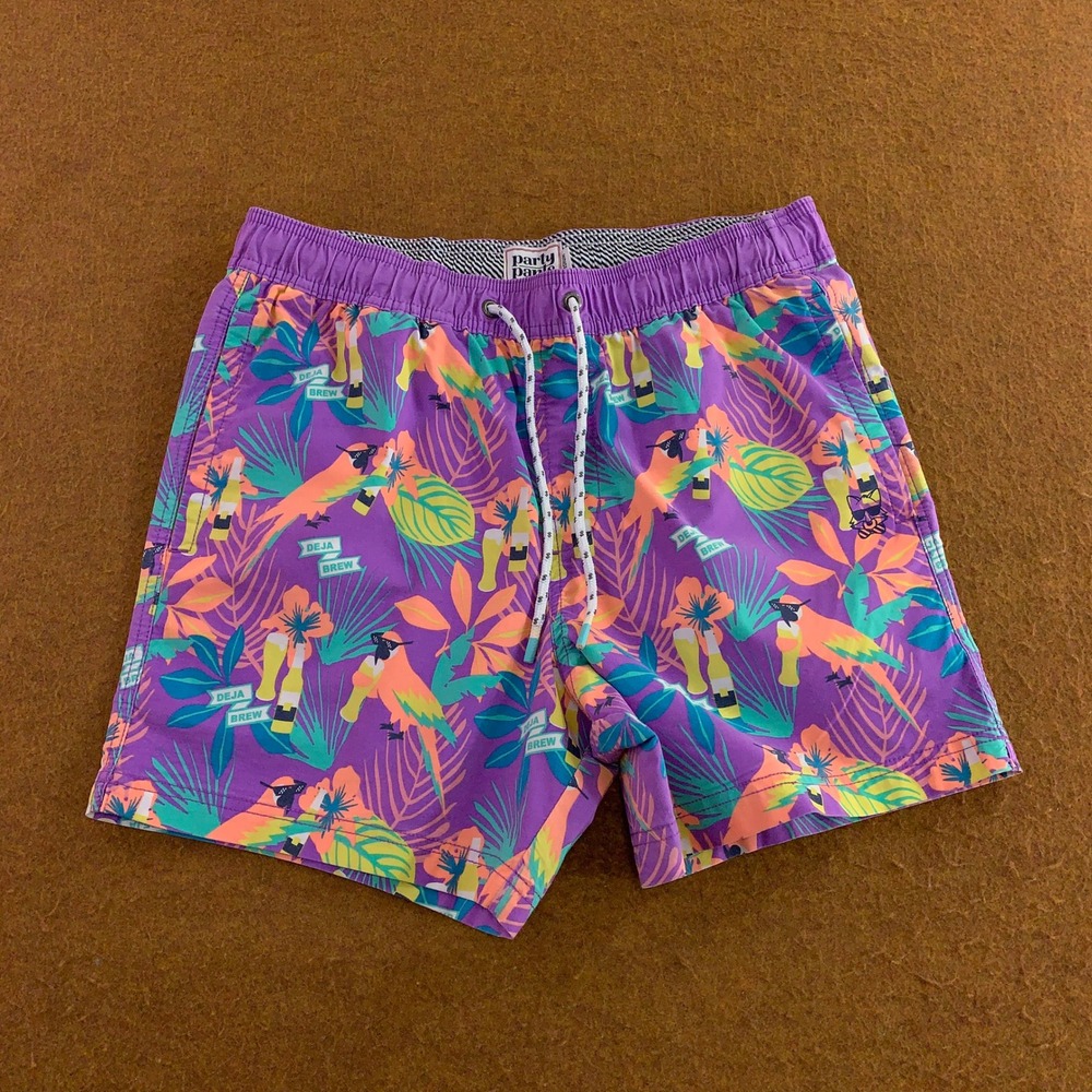 Party Pants Mens Medium Purple Deja Brew Tropical Parrot Swim Trunks
